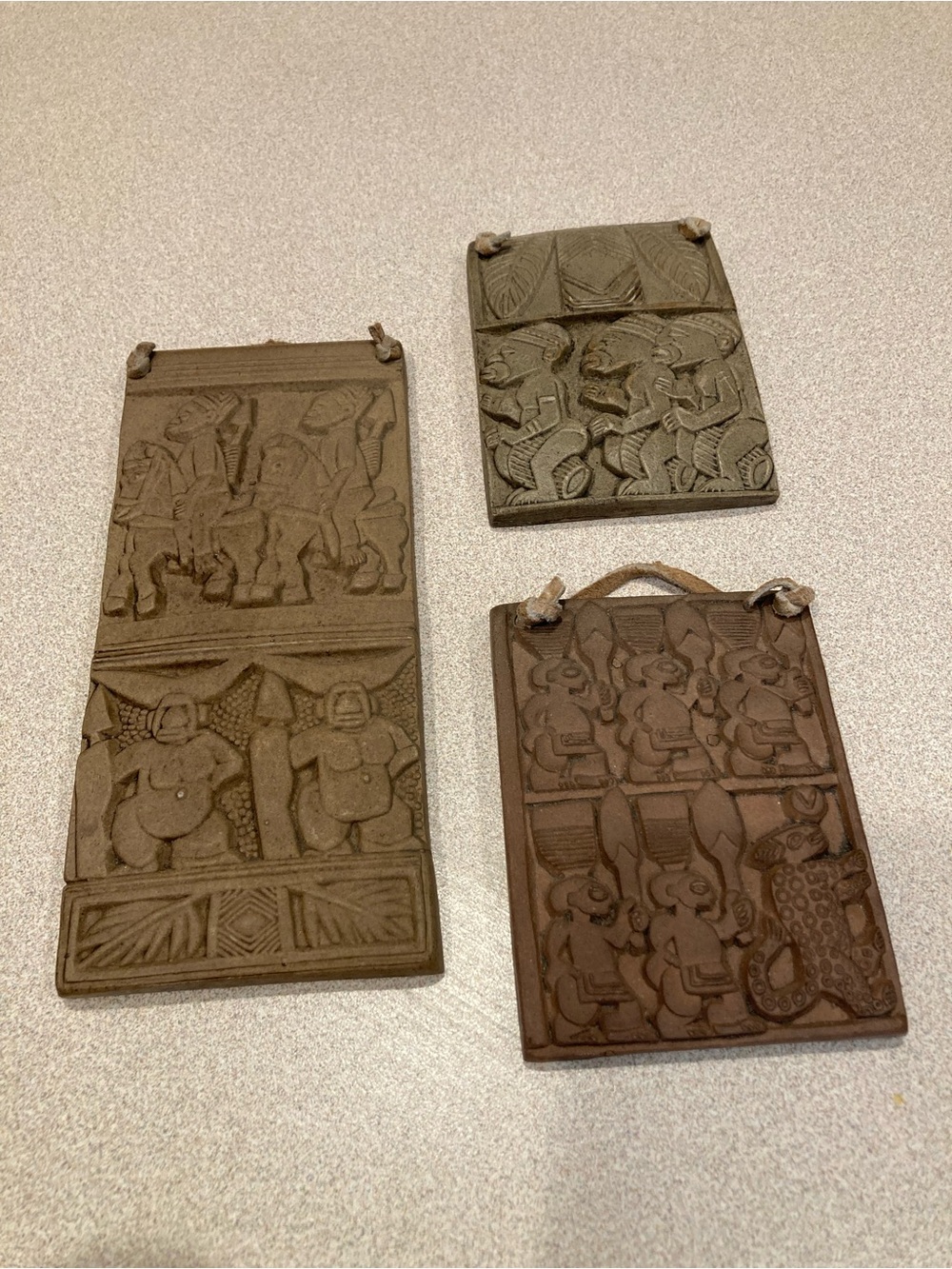 Vintage Hand Made Set of Three Carved Ceramic Wall Plaques Trio
